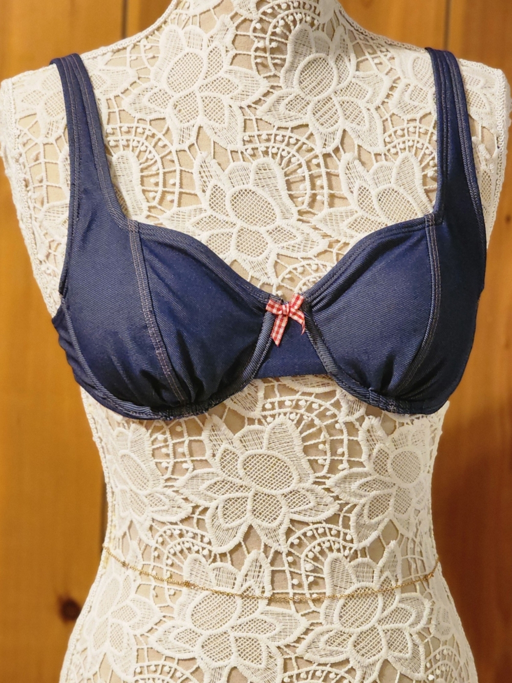 Wild Fable Dark Wash Denim Underwire Bikini Top w/ Gingham Bow